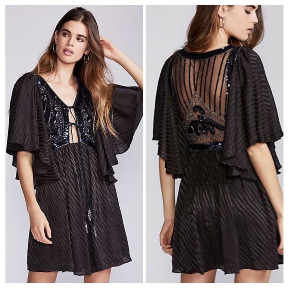 $300 NWT Free People A Moonlight Romance Minidress Black Gold Sequin Boho XS